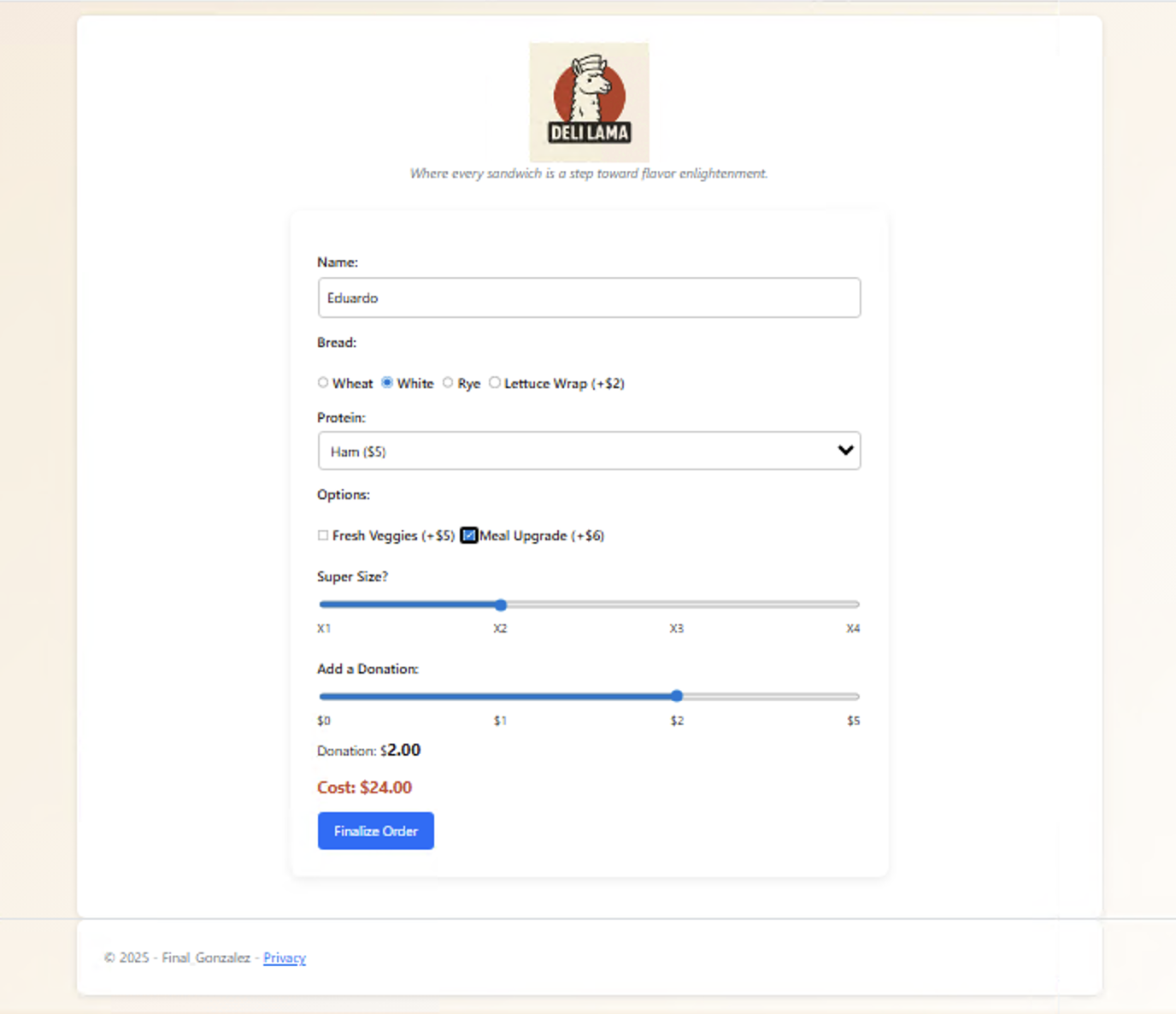 Form validation ensures bread type is selected